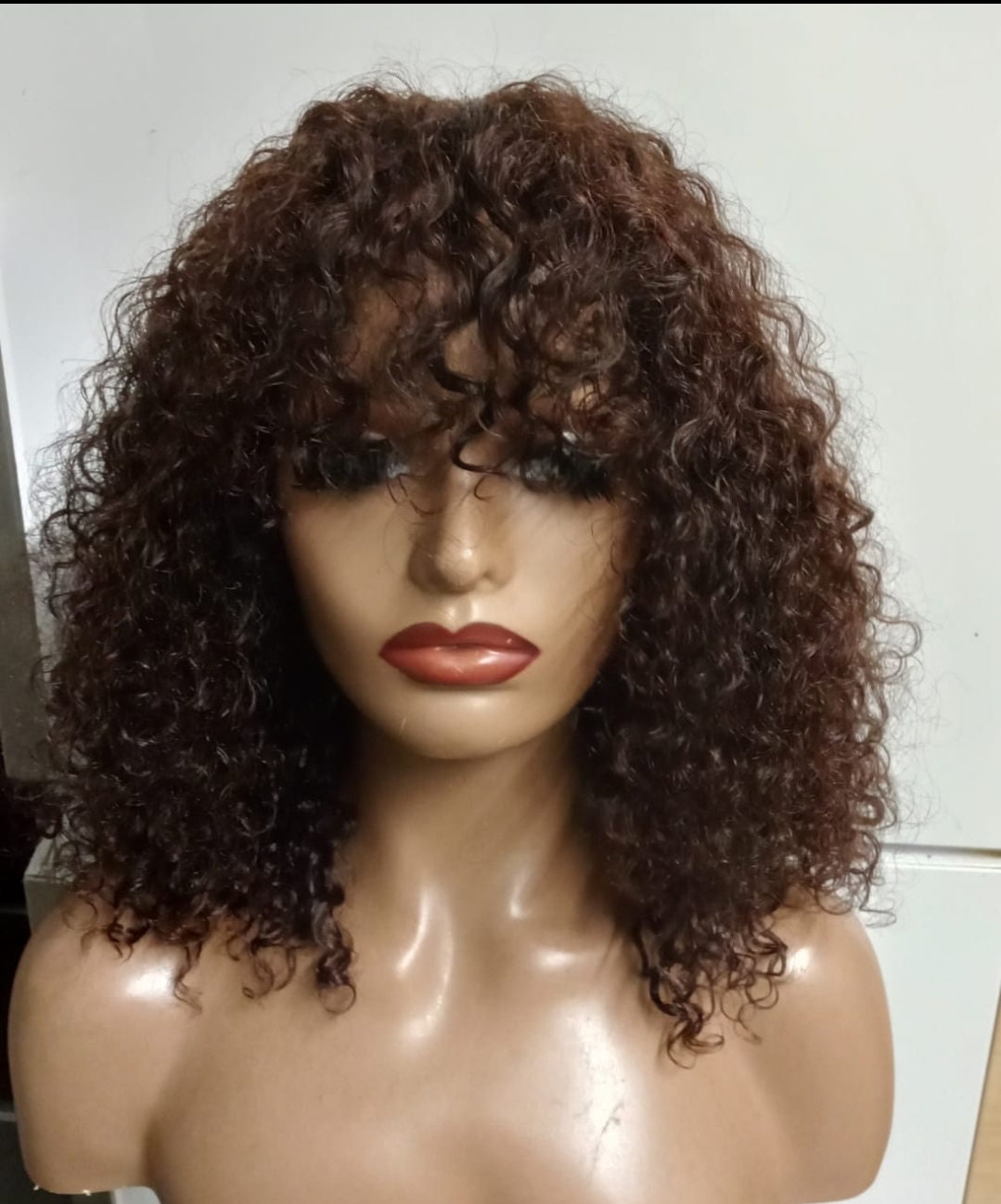 Pixie curly fringe/bang human hair non lace wig brown in 12inches