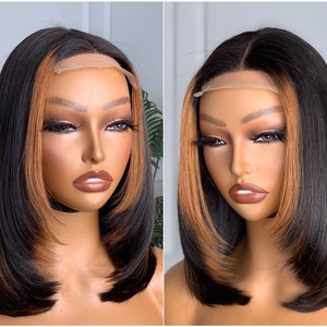Glueless layered highlighted  Virgin unprocessed Vietnamese Bone straight human hair  bob wig 12inches