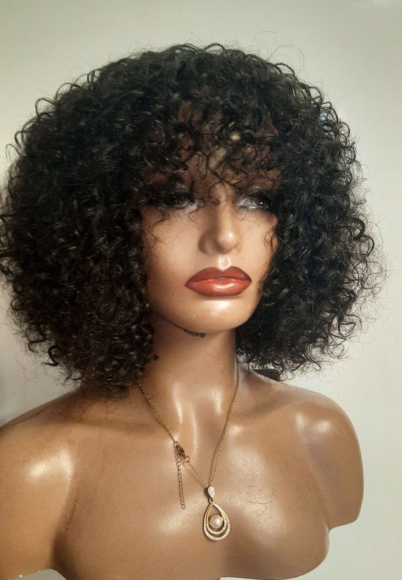 Virgin Jerry Curly Peruvian Human Hair Short Non Lace Wig in 