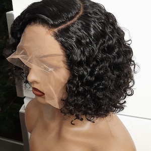 12A grade real Brazilian Deep curly 13*6 frontal Virgin Human side Hair natural colour Bob Wigs. 10nches