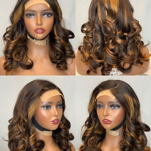 Glueless  highlighted Virgin Brazilian human hair Super double drawn 4x4  Lace closure wig in 16inches