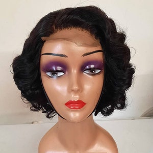 Glueless High quality virgin unprocessed Peruvian Raw human hair side part bouncy curls short wig 10inches