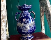 Vintage cobalt deep blue lustreware vase ,gilded,hand painted in the Japanese style - depicting oriental style bird crane or peacock