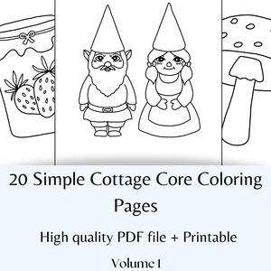 Op de afbeelding: Een set van 20 zwart-wit kleurplaten met cottagecore-illustraties. De pagina's bevatten een pot jam met aardbeien, een dwergkoppel en een paddenstoel.