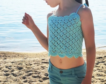 Crochet menthol girl's lace crop top String fitted tank top for girl Shell lace trimmed girl's crop top Teen girl lacy boho beach tank top