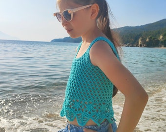 Crochet blue girl's tank top Mesh floral toddler girl tank top Girl's boho summer top Floral lace tank top Azure blue beach outfit for girl