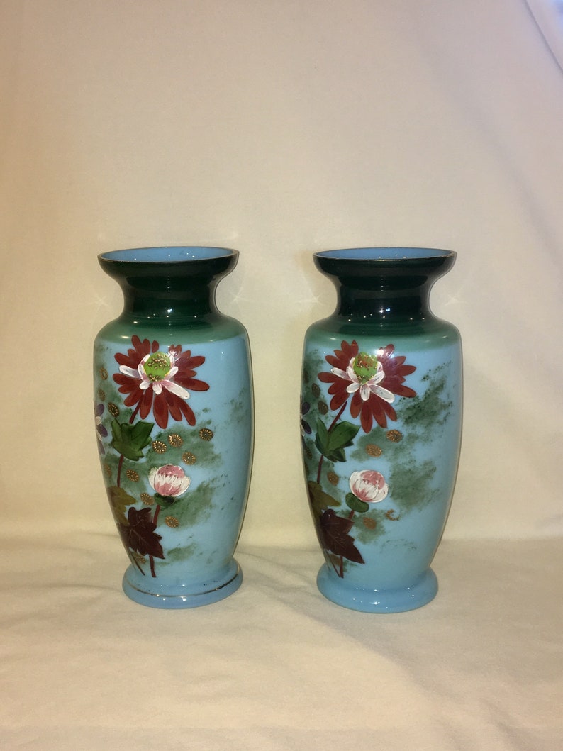 Vintage Victorian Blue Bristol Glass Hand Painted Large Vases, 10.5 Etsy