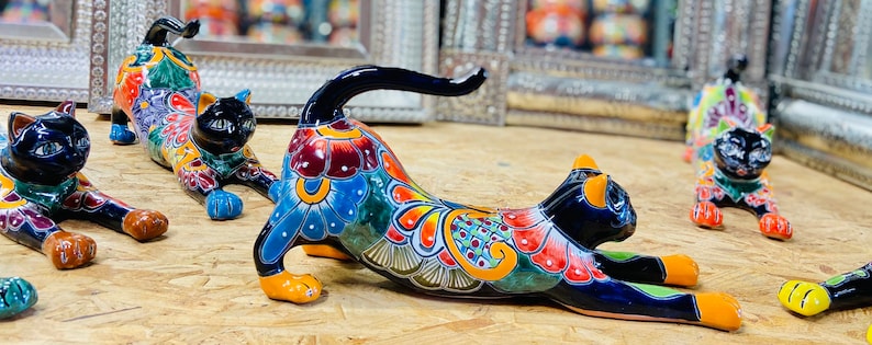 Pottery Pussy Cat Ceramic Kitty Home Decor Animal Figuring The Talavera Lazy Stretching Cat