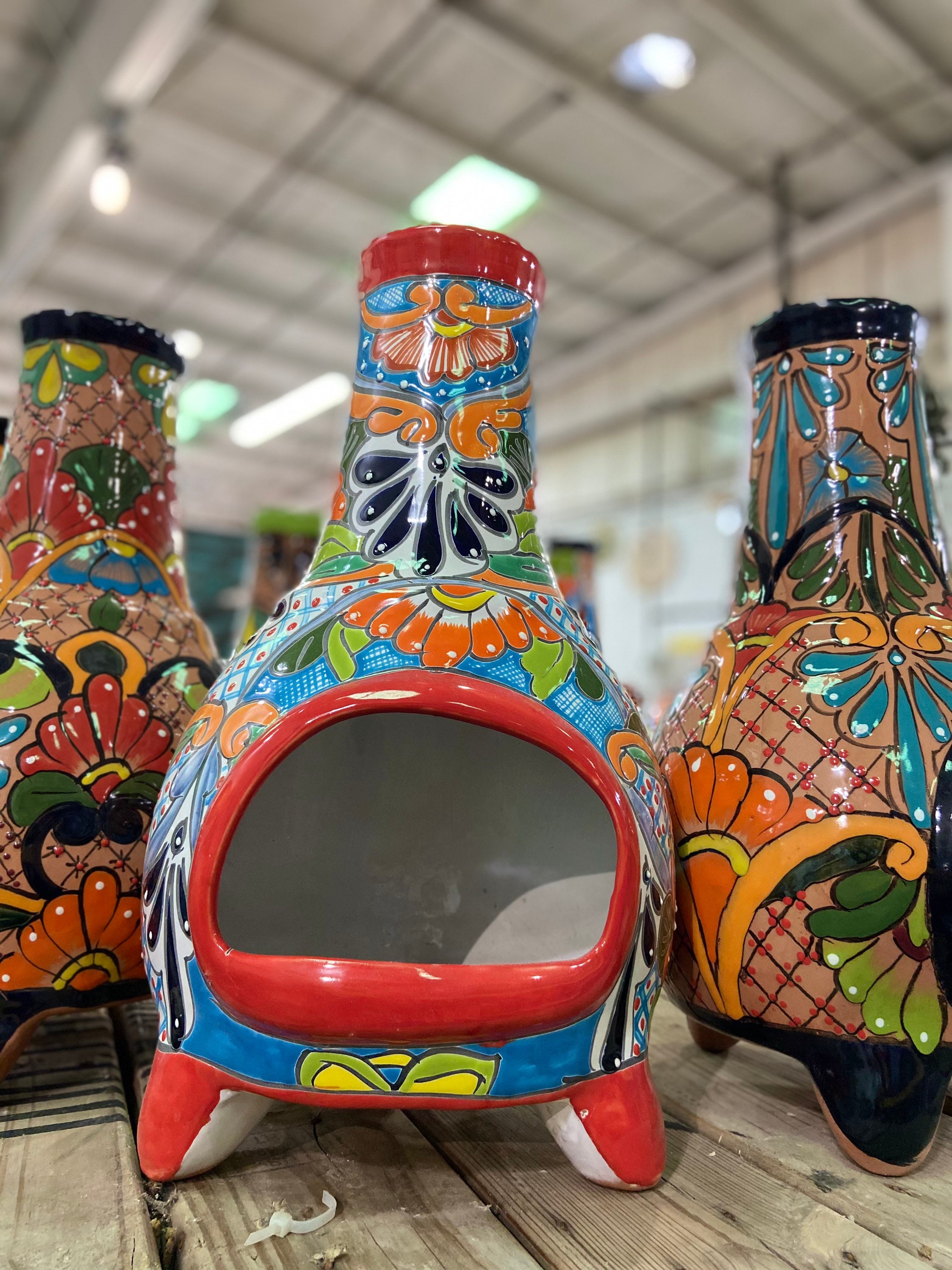 19” Tall Talavera Chimenea, Small Fire Pit, Mexican Pottery