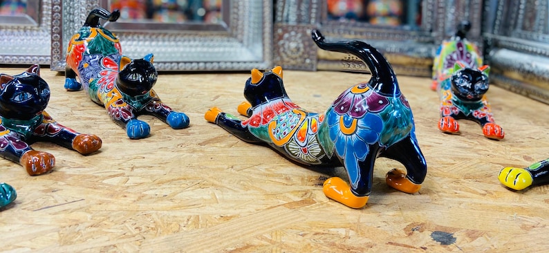 Pottery Pussy Cat Ceramic Kitty Home Decor Animal Figuring The Talavera Lazy Stretching Cat