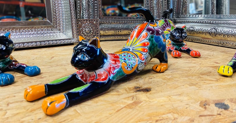Pottery Pussy Cat Ceramic Kitty Home Decor Animal Figuring The Talavera Lazy Stretching Cat