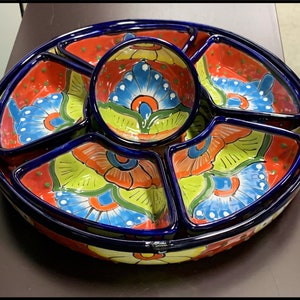 Talavera Circular Sectional Plate, Hand-Painted Serving Tray, Custom Pottery, Kitchen Earthenware, Taco Dish Plate | Mother's Day Gifts