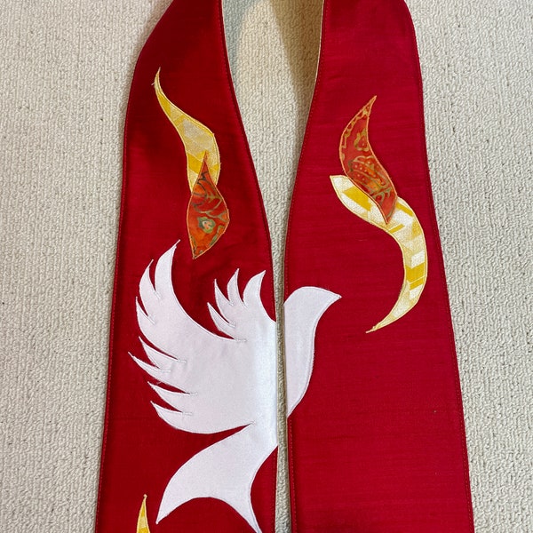 Red Pentecost Clergy Stole with Dove and Flame, Reversible Tan Stole #312