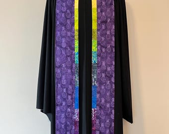 Purple Pineapples with Rainbow Clergy Stole, Red Batik Stole #106