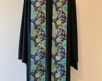 Sun, Moon and Stars Clergy Stole, Reversible Aqua and Blue Batik Stole #760