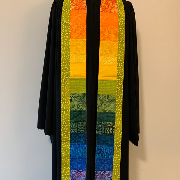 Rainbow with Green Dot Strip Clergy Stole, Reversible Green Dots Stole #110