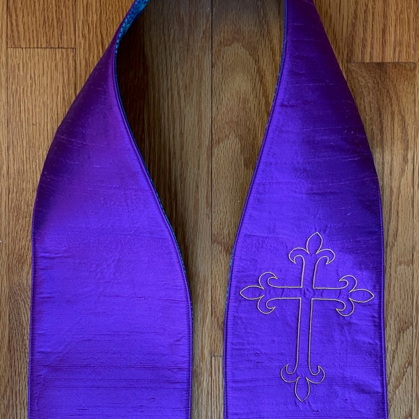 Purple Silk Clergy Stole, Reversible Blue Orbs Stole #818