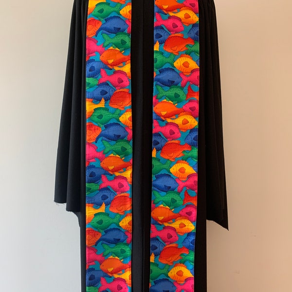 Rainbow Fish Clergy Stole, Reversible Blue with Gold Bubbles Stole #198