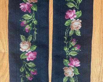 Needlepoint Roses on Black Stole, Reversible Black and Silver Weave #1246