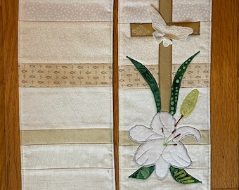 Easter Lilly, Butterfly and Cross Clergy Stole, Reversible Cream Stole #1142