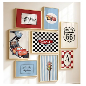 May include: A collection of framed wall art featuring a racing theme. The artwork includes images of race cars, checkered flags, Route 66 signage, and a traffic light. The color palette includes red, blue, black, and white.