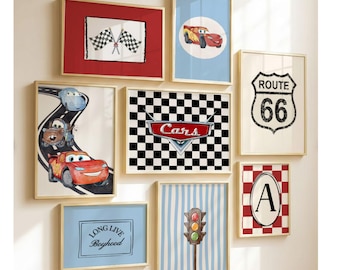 May include: A collection of framed wall art featuring a racing theme. The artwork includes images of race cars, checkered flags, Route 66 signage, and the word "Cars". The color palette includes red, blue, black, and white.