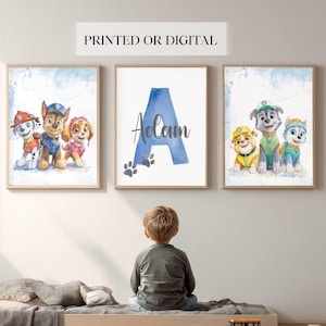Juego de 3 impresiones artísticas de pared con temática de perros personalizadas, decoración para habitación infantil de niños, pósteres digitales con diseño de pata, nombre personalizado, decoración para niños pequeños o niñas.