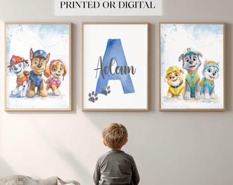 Custom Dogs Themed Wall Art Prints Set of 3 Nursery Boys Room Decor Paw Digital Posters Print Personalized Name Toddler Boy / Girls Decor