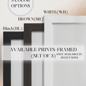 K&ouml;nnte beinhalten: Das Bild zeigt drei gerahmte Drucke in Schwarz, Braun und Wei&szlig;. Der Text lautet "3 COLOR OPTIONS" und "AVAILABLE PRINTS + FRAMED (SET OF 3)". Die Rahmen sind rechteckig, wobei der wei&szlig;e Rahmen der gr&ouml;&szlig;te ist.