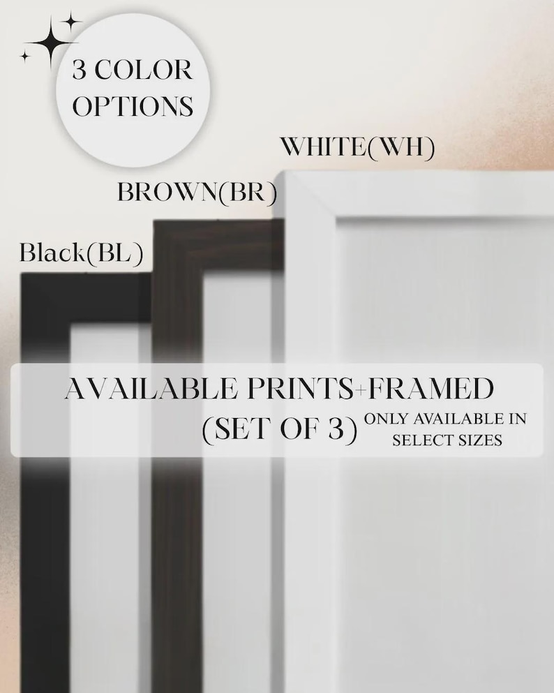 K&ouml;nnte beinhalten: Das Bild zeigt drei gerahmte Drucke in Schwarz, Braun und Wei&szlig;. Der Text lautet "3 COLOR OPTIONS" und "AVAILABLE PRINTS + FRAMED (SET OF 3)". Die Rahmen sind rechteckig, wobei der wei&szlig;e Rahmen der gr&ouml;&szlig;te ist.
