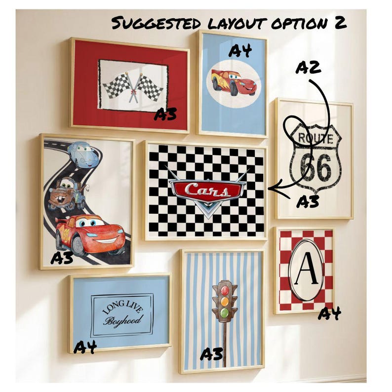 May include: A collection of framed wall art featuring a car theme. The art includes images of race flags, cartoon cars, a Route 66 sign, a checkered flag design with the word "Cars", and a traffic light. Some art pieces have the text "LONG LIVE Boyhood".