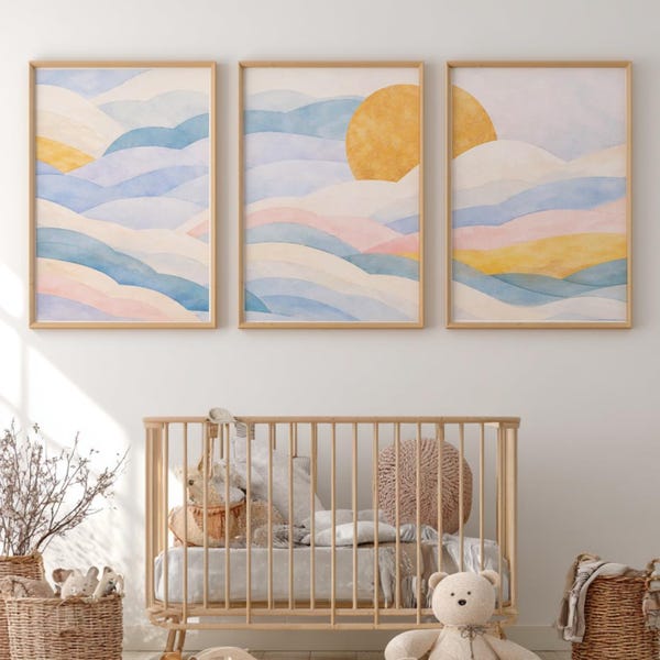 Sun and Clouds Nursery Wall Art, Boho Sun Kids Room Decor (Digital Download or Printed)