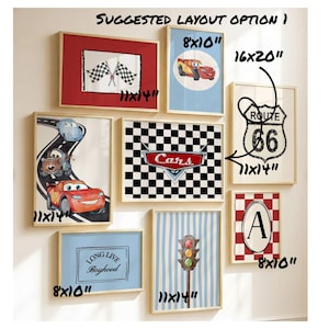 May include: A collection of framed wall art with a car theme. The art includes images of race cars, a Route 66 sign, checkered flags, and the word "Cars". Frames are various sizes, including 8x10 inches and 11x14 inches.