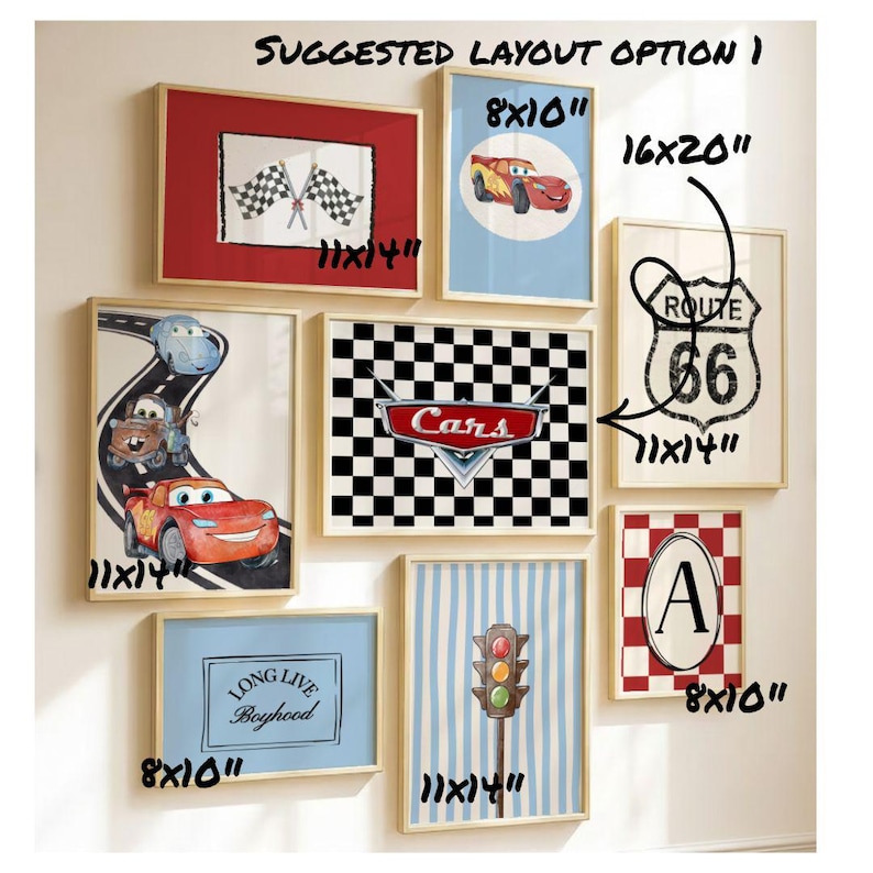 May include: A collection of framed wall art with a car theme. The art includes images of race cars, a Route 66 sign, checkered flags, and the word "Cars". Frames are various sizes, including 8x10 inches and 11x14 inches.