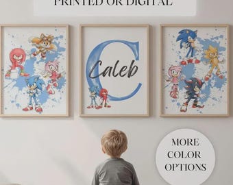 Personalized Sonic Wall Art: Blue Hedgehog Inspired Prints,Blue and red Boys room decor