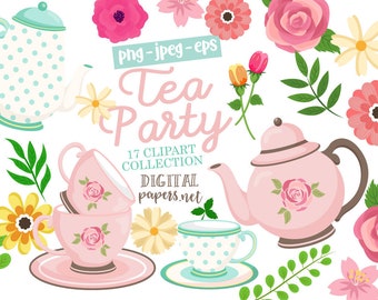 Tea Party Clipart: Floral Graphics, Spring Clip Art (PNG, Vector, Instant Download)