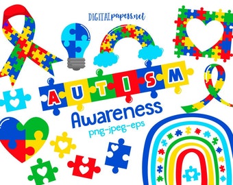 Autism Awareness Clipart: Puzzle Ribbon & Rainbow Outlines (digital ...