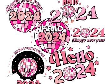 New Year Clipart, Retro New Year Lettering Design, Disco Ball PNG, Pink and Black PNG Instant Download, Sublimation PNG, New Year png