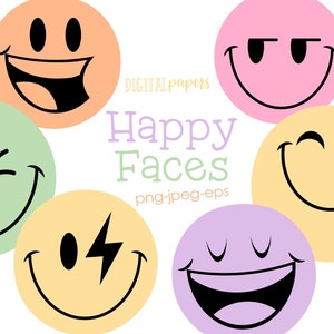 Smiley Clipart, Happy Face Clipart, Emoji Graphics, Retro Clipart, Smiley Graphics, Vector, Komercyjne, NATYCHMIASTOWE POBIERANIE