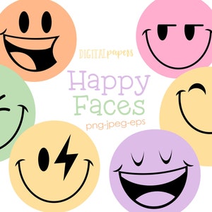 Smiley Clipart, Happy Face Clipart, Emoji Graphics, Retro Clipart, Smiley Graphics, Vector, Commercial, INSTANT DOWNLOAD image 1