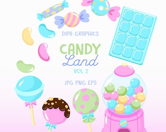 Candy Land Clipart: Gumball Machine, Lollipop, Sweets (PNG, EPS)