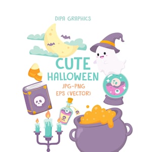 Cute Halloween Clipart, Halloween Clipart, Cauldron Clipart, Ghost, Witch, Book Clipart, Potion Clipart, Commercial, INSTANT DOWNLOAD