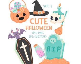 Cute Halloween Clipart, Halloween Clipart, Skeleton Clipart, Pumpkin, Witch, Book Clipart, Potion Clipart, Commercial, INSTANT DOWNLOAD