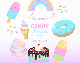 Candy Land Clipart: Rainbow, Sprinkles, Sweets (PNG, EPS, JPEG)