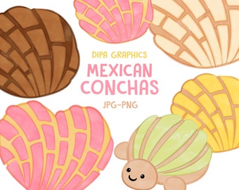 May include: Five colorful Mexican concha bread pastries, including a heart-shaped pastry with pink and yellow icing, a brown pastry with a swirl pattern, and three shell-shaped pastries with pink, yellow, and white icing. Dipa Graphics Mexican Conchas JPG-PNG.