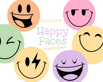 Smiley Clipart, Happy Face Clipart, Emoji Graphics, Retro Clipart, Smiley Graphics, Vector, Commercial, INSTANT DOWNLOAD