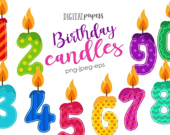 Birthday Candle Number Clipart, Candle Number, Birthday Party, Numbers 0 to 9, Commercial, INSTANT DOWNLOAD