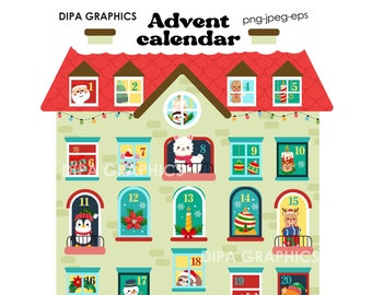 Advent Calendar House, Christmas Decorations, Printable Advent Calendar Clipart, Commercial Use, Vector Instant Download