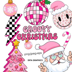 Pink Christmas PNG Disco, Candy Cane Clipart, Santa Claus png Sublimation Candy Cane Groovy Clipart INSTANT DOWNLOAD image 2
