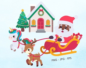 Santa Claus Clipart PNG, Christmas Unicorn and Reindeer, Christmas Cottage, Sleigh png Sublimation, INSTANT DOWNLOAD